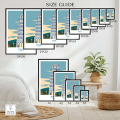 Pisa Wall Art Print | Italy Travel Poster size guide with various frame options and dimensions displayed.