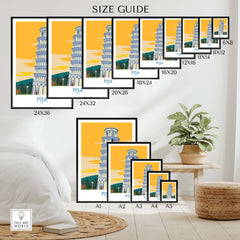 Size guide for Pisa Tower Italy Print showcasing various frame sizes and the iconic leaning tower.