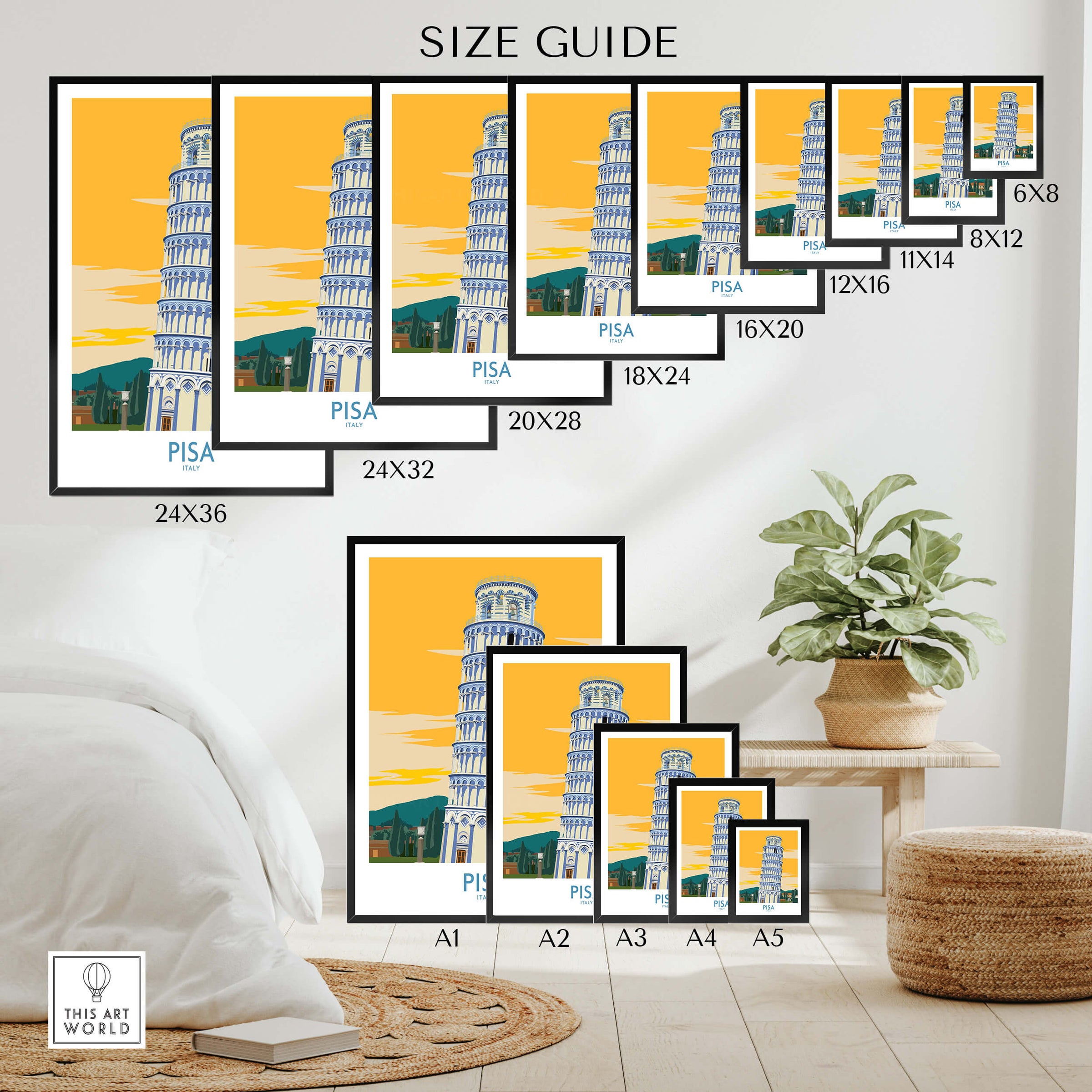 Size guide for Pisa Tower Italy Print showcasing various frame sizes and the iconic leaning tower.