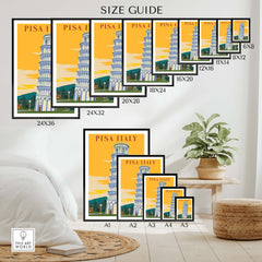 Pisa Tower Print Poster Italy Wall Art size guide showcasing various sizes for optimal wall decor options.
