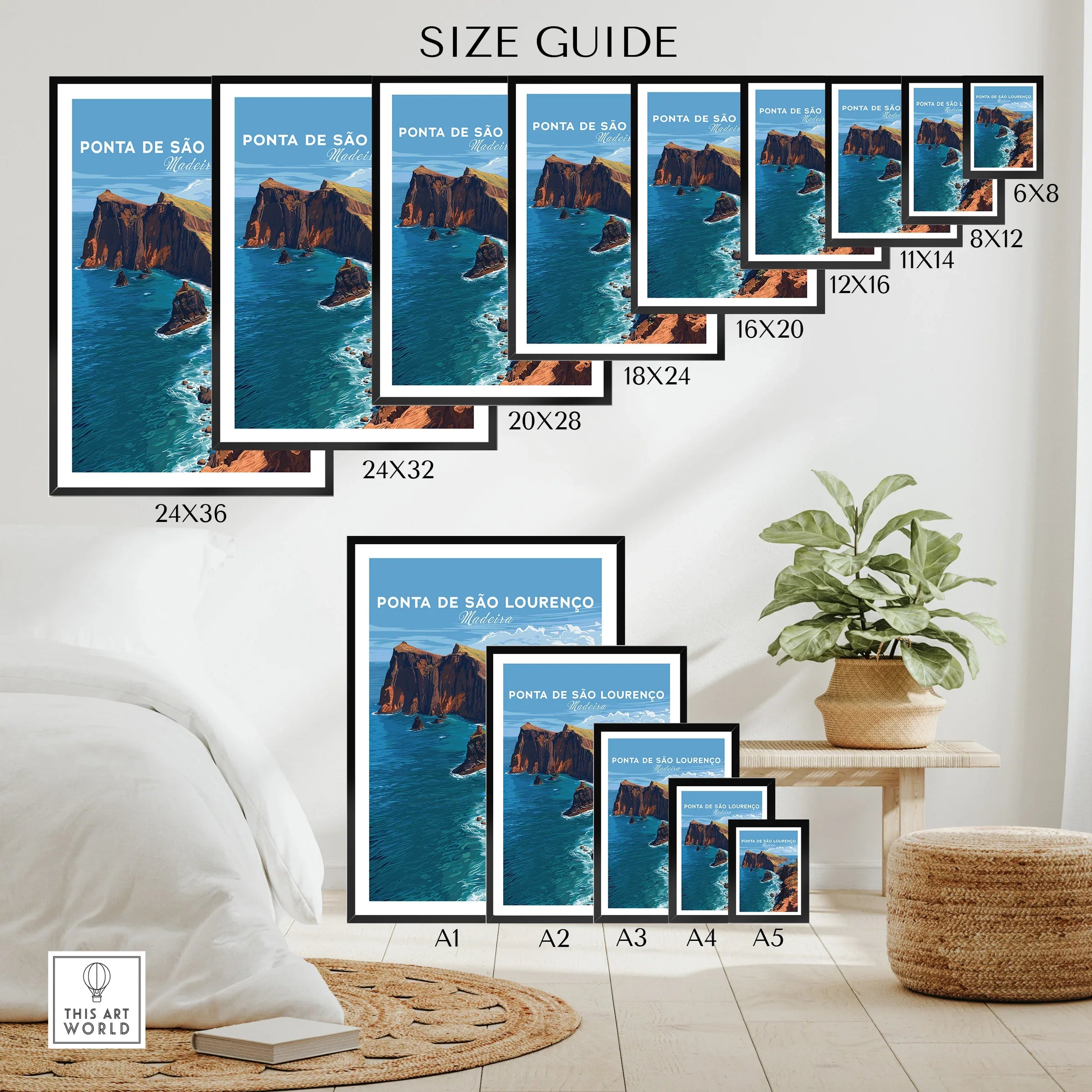 Ponta de São Lourenço travel poster wall art size guide with ocean and cliff scene.