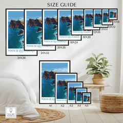 Wall art poster size guide showing Ponta de São Lourenço coastal landscape print