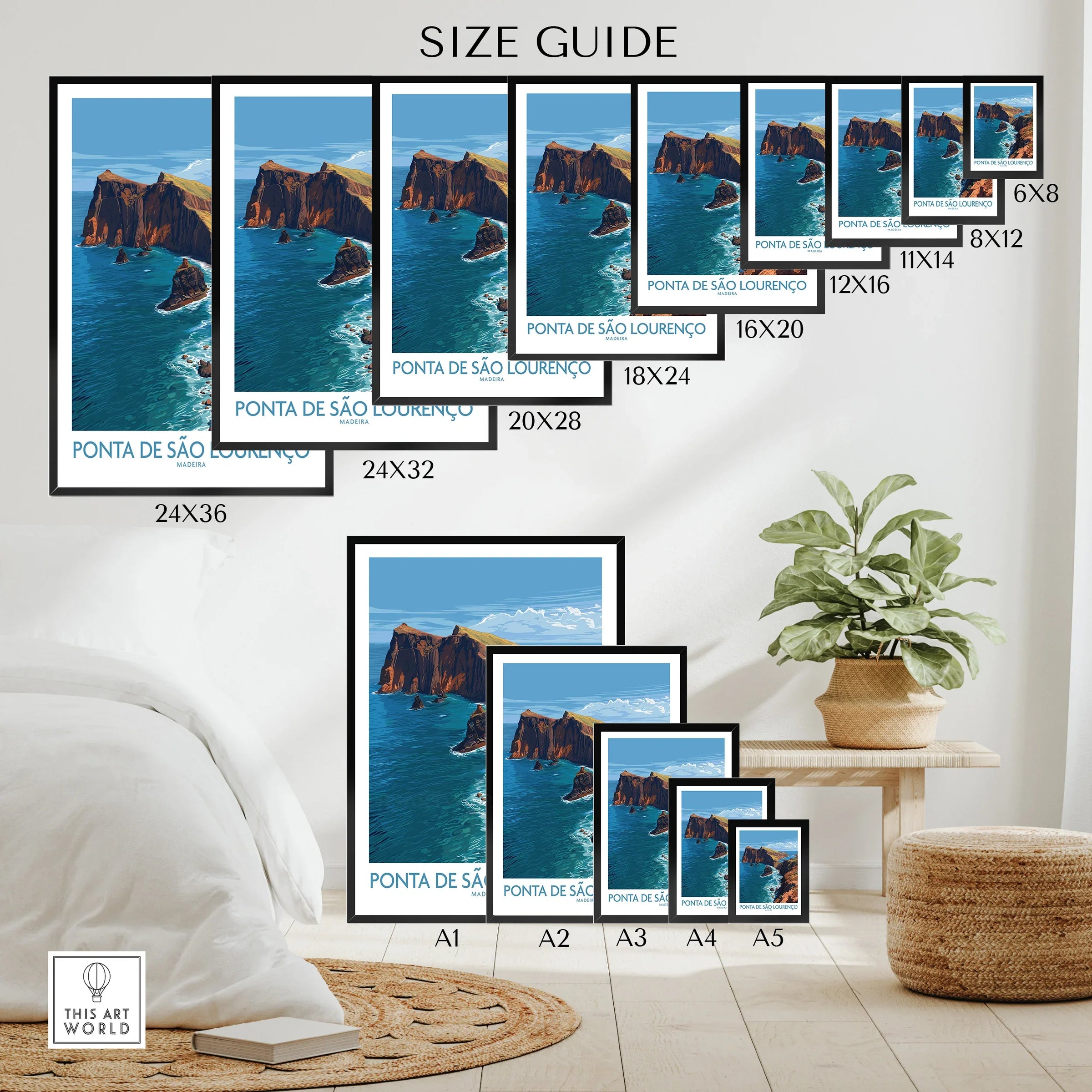 Wall art poster size guide showing Ponta de São Lourenço coastal landscape print