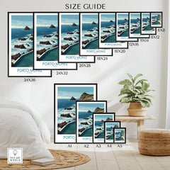 Travel poster size guide featuring Porto Moniz ocean landscape wall art in various frames.