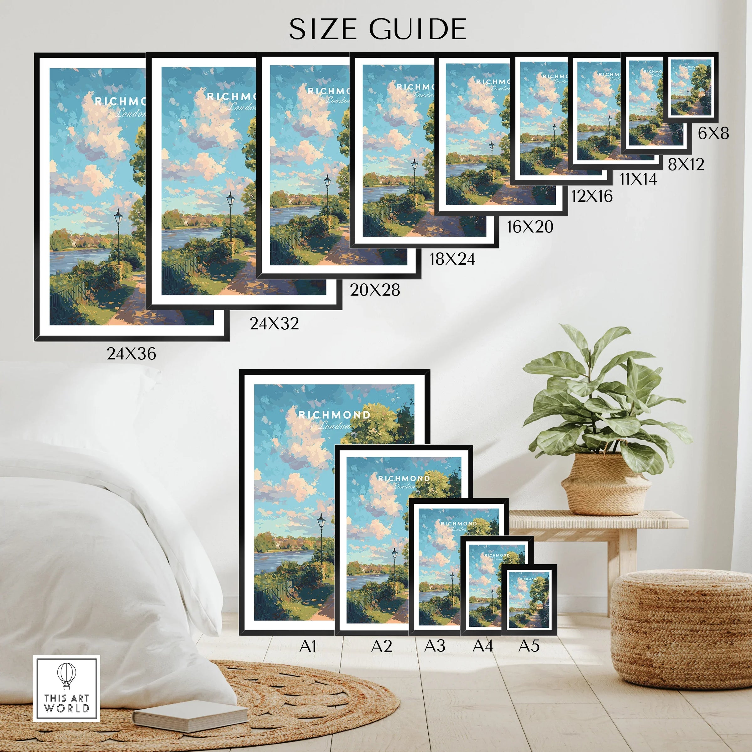 Wall art poster size guide showing Richmond landscape print in various sizes, styled in a modern room.