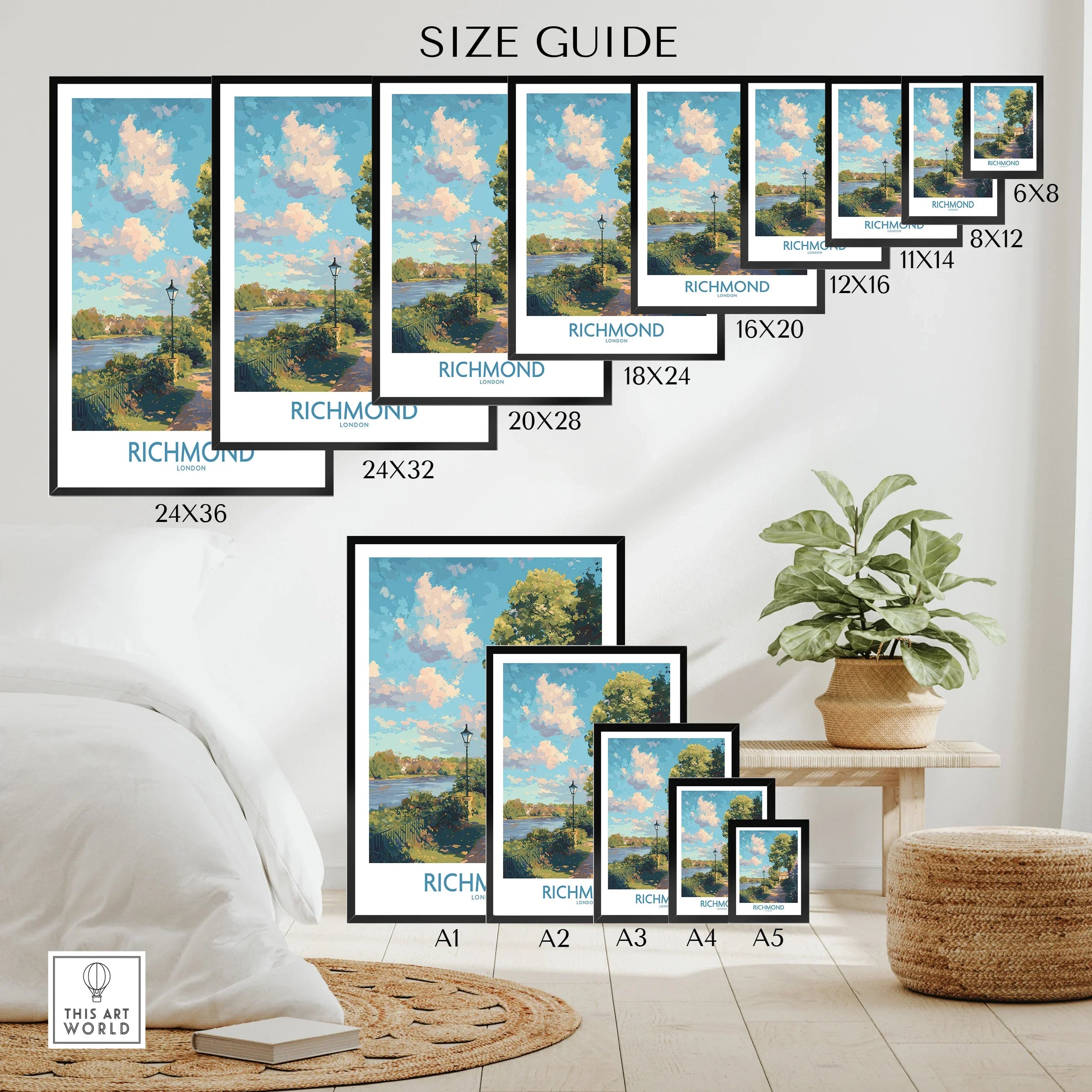 Wall art poster size guide showing Richmond landscape print in various sizes on bedroom wall.