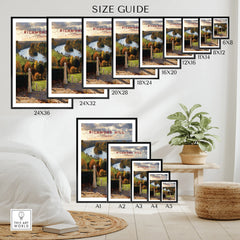 Richmond Hill London travel poster wall art size guide with framed print options in modern home decor setting