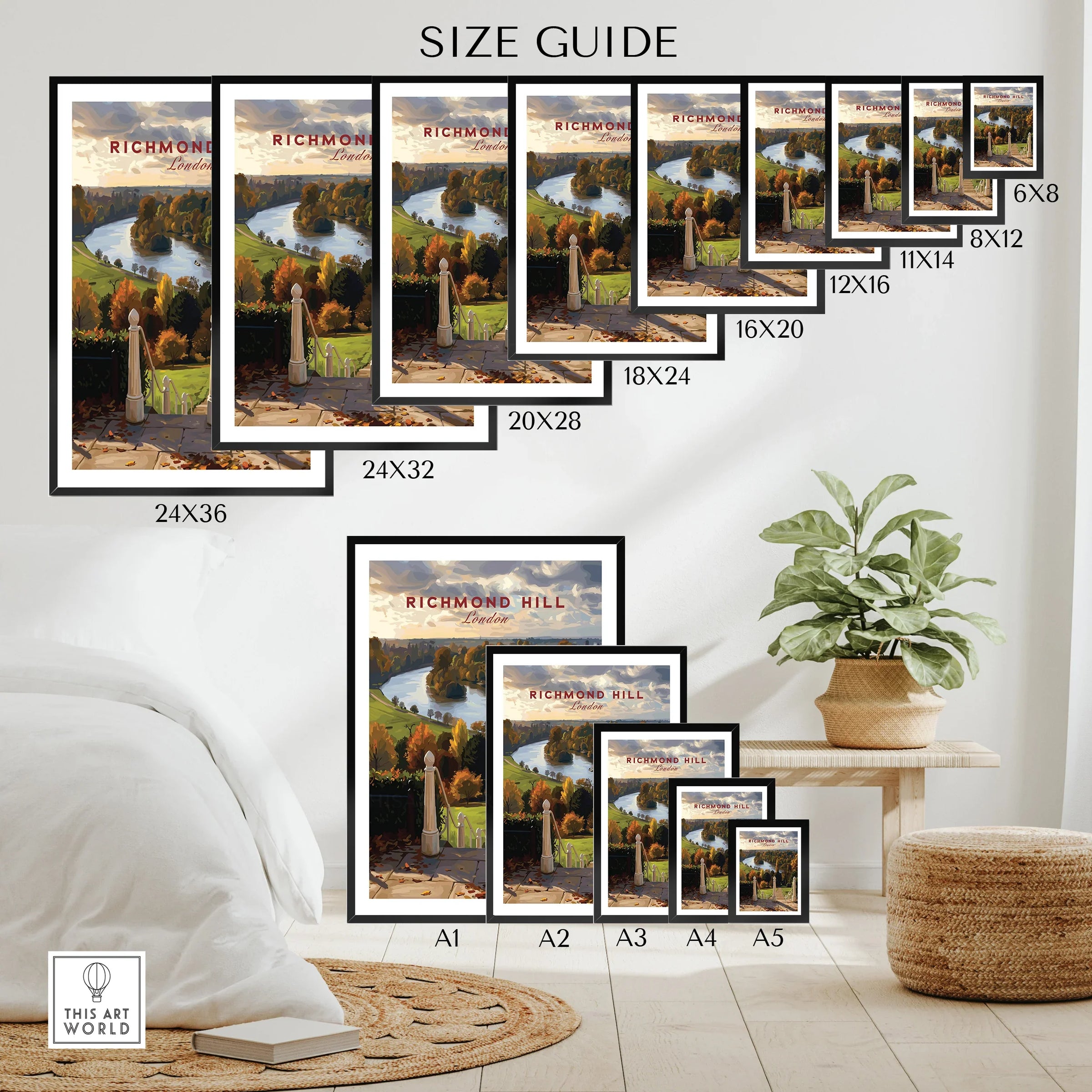 Richmond Hill London travel poster wall art size guide with framed print options in modern home decor setting