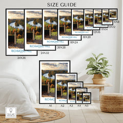 Wall art poster size guide showing framed Richmond Hill landscape print options in a cozy bedroom.