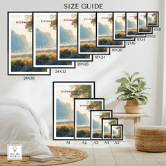 Richmond Park wall art poster size guide showing various print dimensions in a modern room.