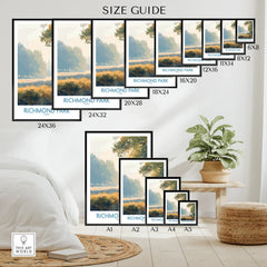 Richmond Park travel poster size guide with various framed wall art print sizes displayed in a modern room.