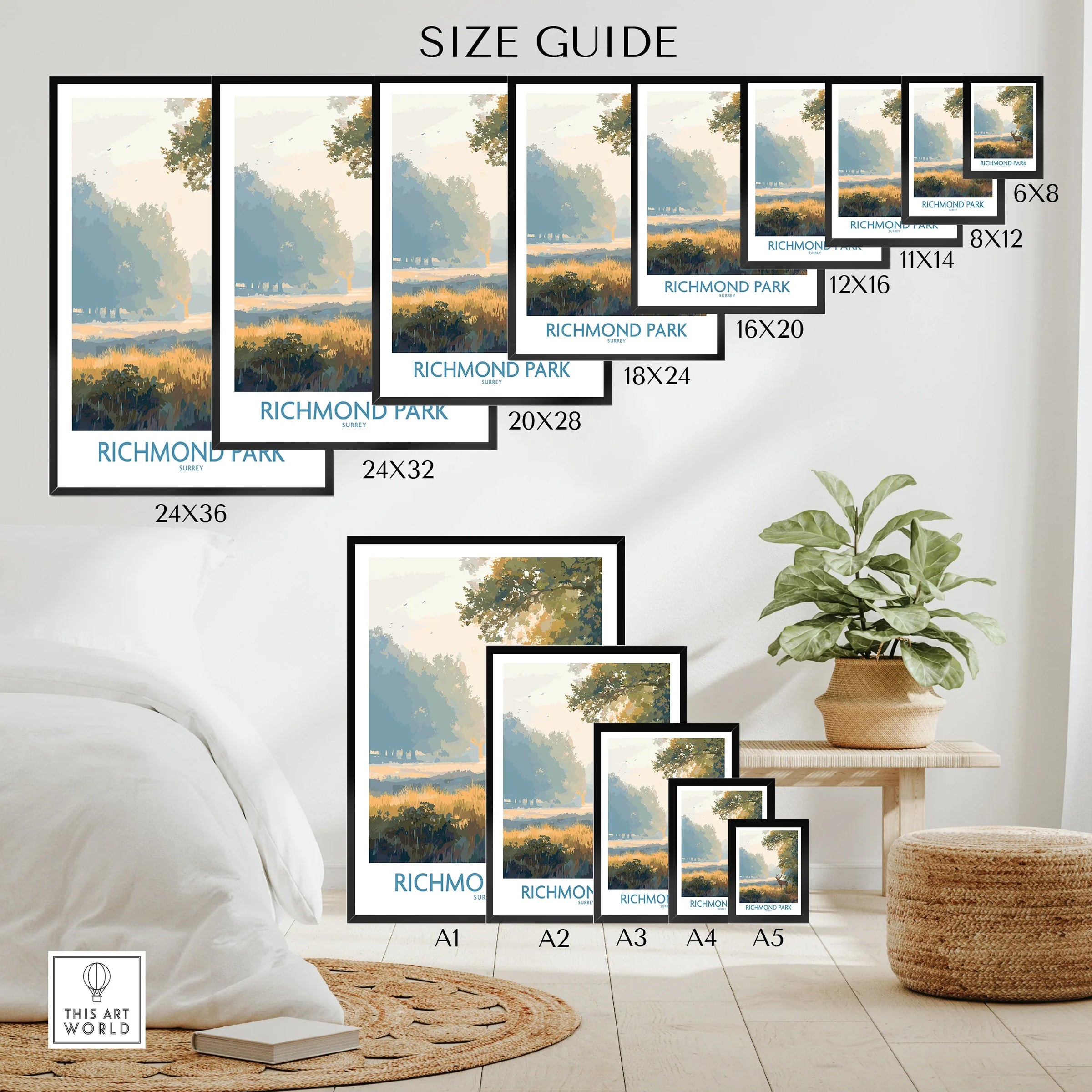 Richmond Park travel poster size guide with various framed wall art print sizes displayed in a modern room.