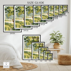 Richmond Park wall art poster size guide with framed prints in multiple sizes on a bedroom wall.