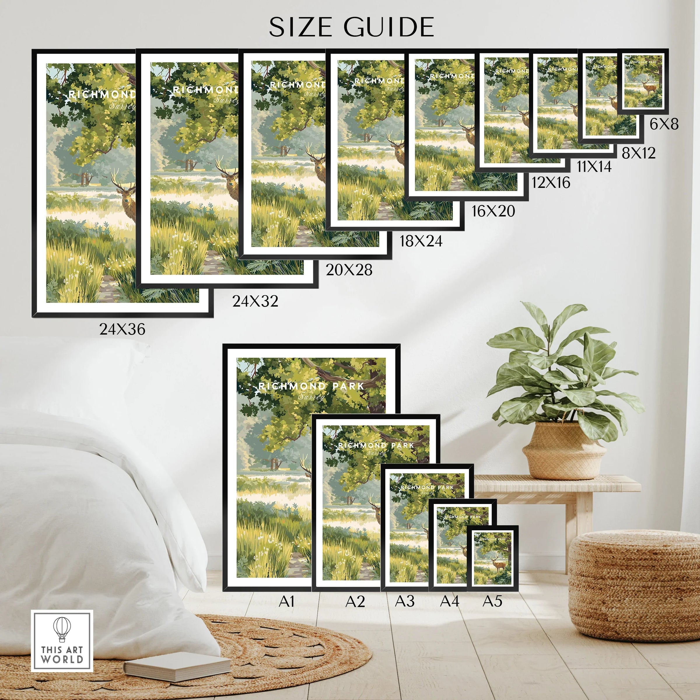 Richmond Park wall art poster size guide with framed prints in multiple sizes on a bedroom wall.