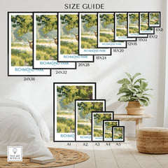 Richmond Park wall art poster size guide, landscape print in bedroom with greenery.