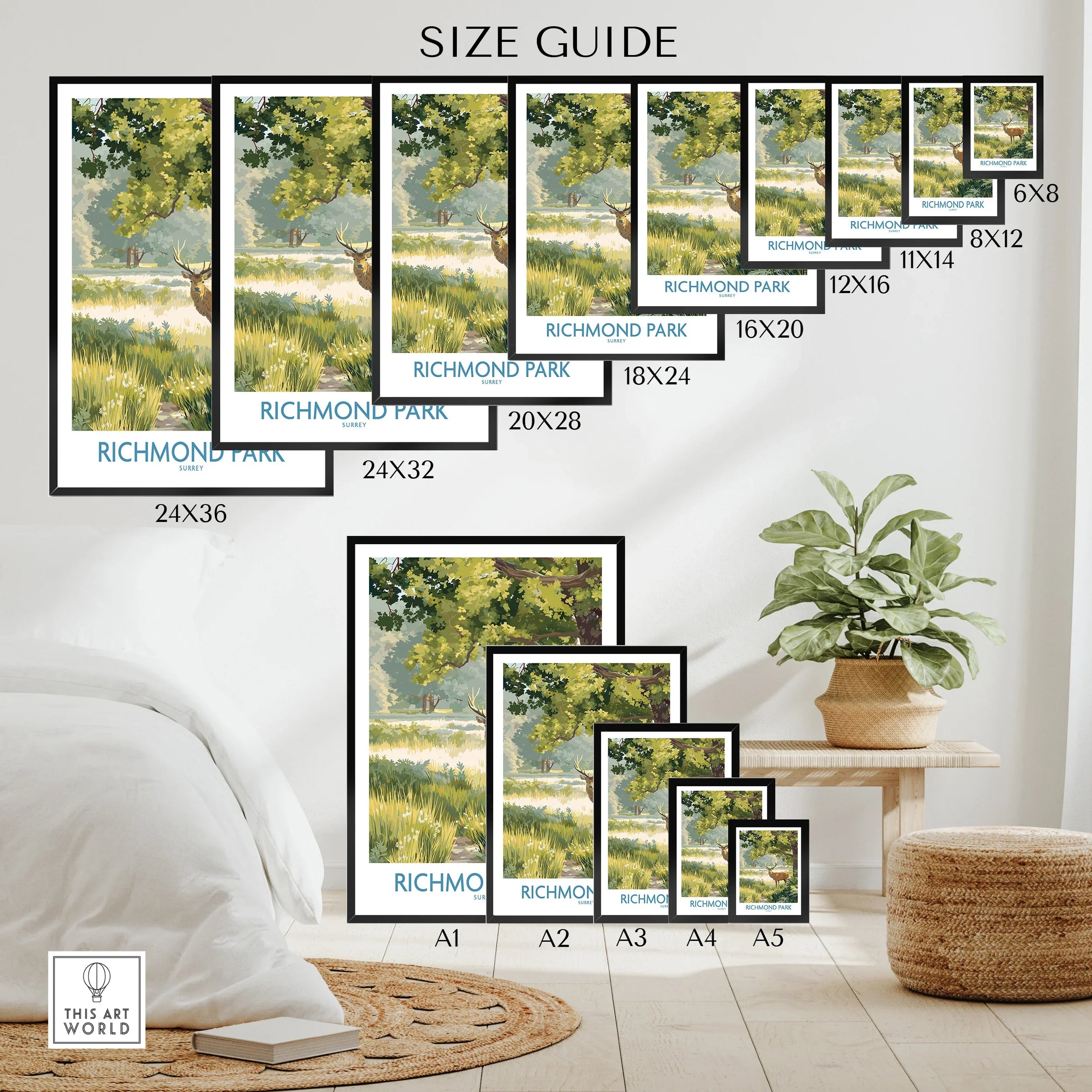 Richmond Park wall art poster size guide, landscape print in bedroom with greenery.
