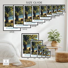Richmond Park wall art poster size guide with various print sizes displayed above a modern living room setting.