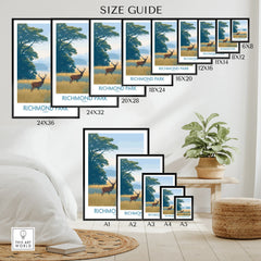 Richmond Park wall art poster size guide with illustrated deer and tree in modern home decor setting