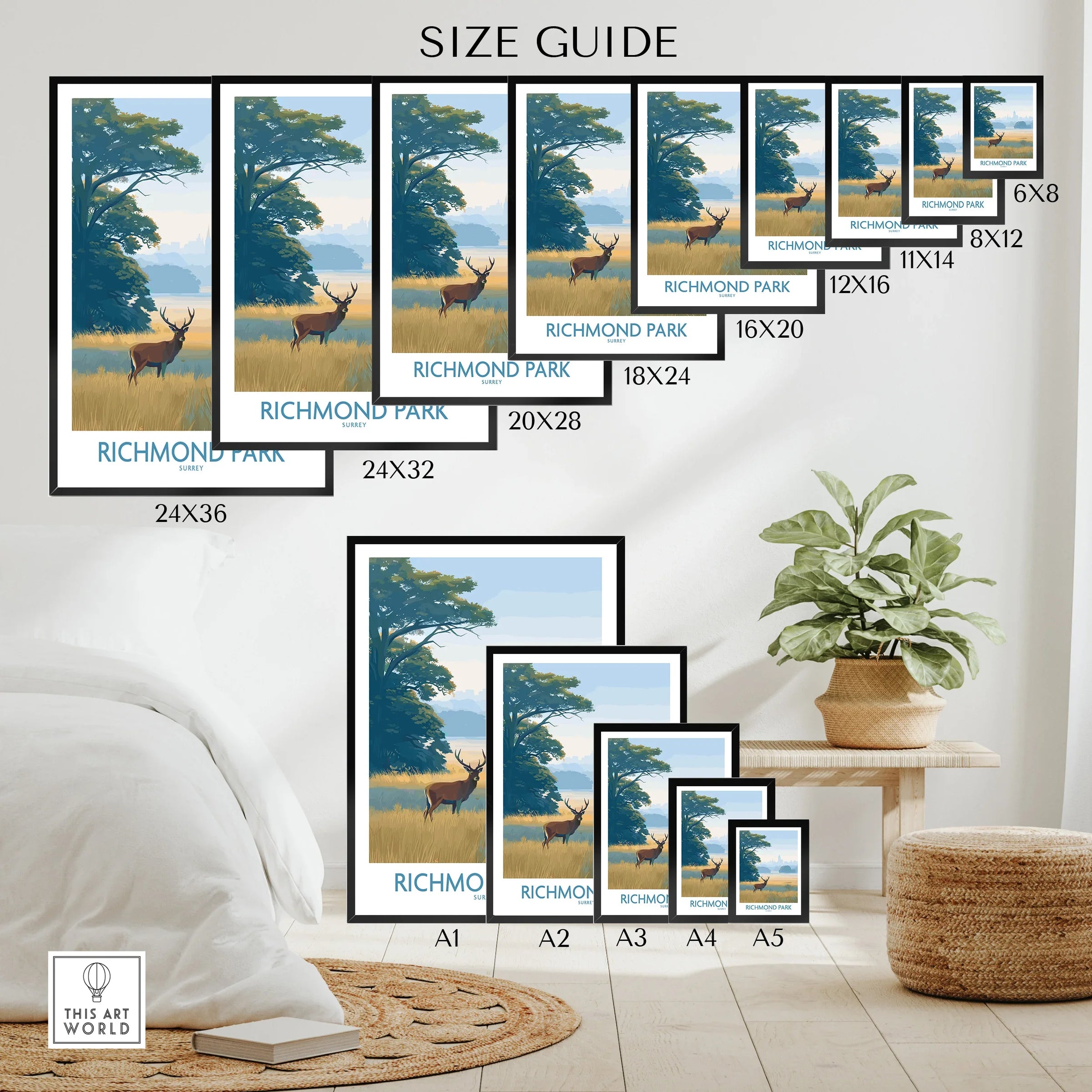 Richmond Park wall art poster size guide with illustrated deer and tree in modern home decor setting