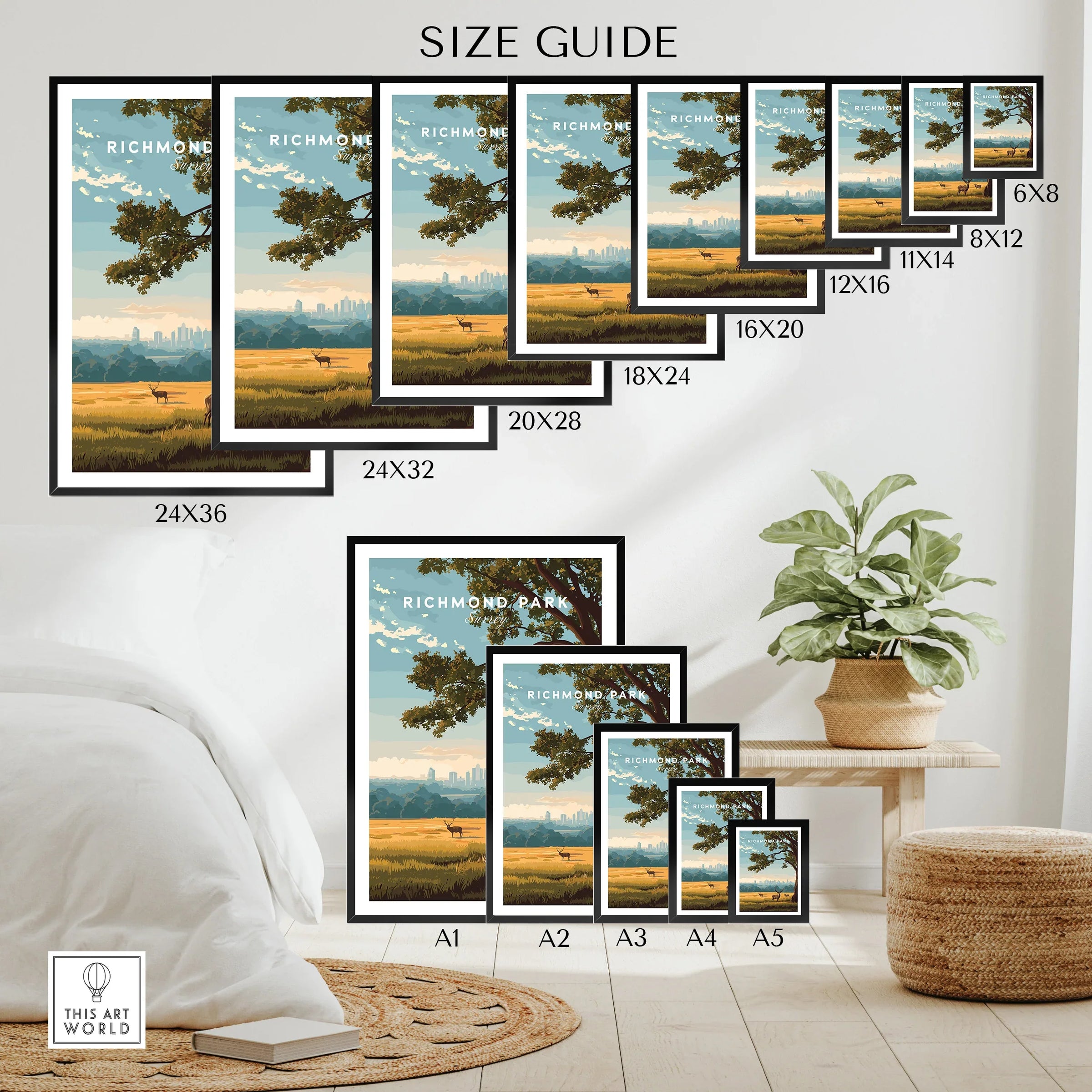 Richmond Park wall art poster size guide showing landscape prints in various frame sizes, home decor display.