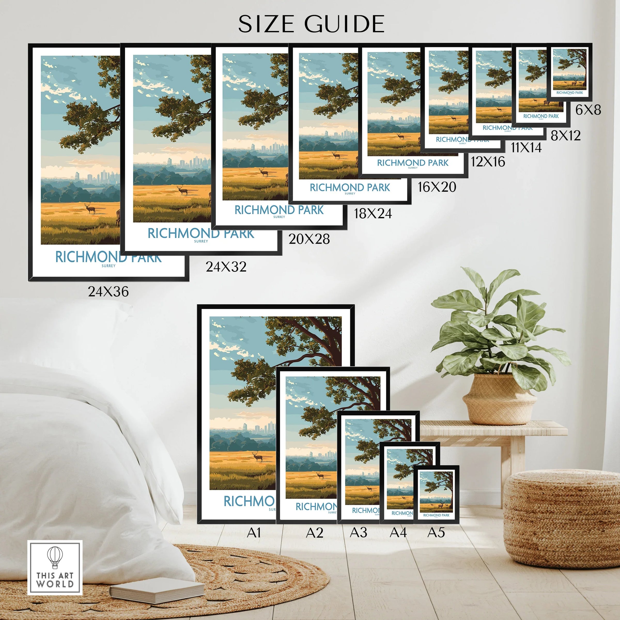 Richmond Park travel poster size guide with landscape wall art in various print dimensions on a bedroom wall.