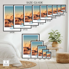 Rimini Italy Poster | Vintage Vespa & Historic Bridge Canvas Print size guide showing various frame sizes.