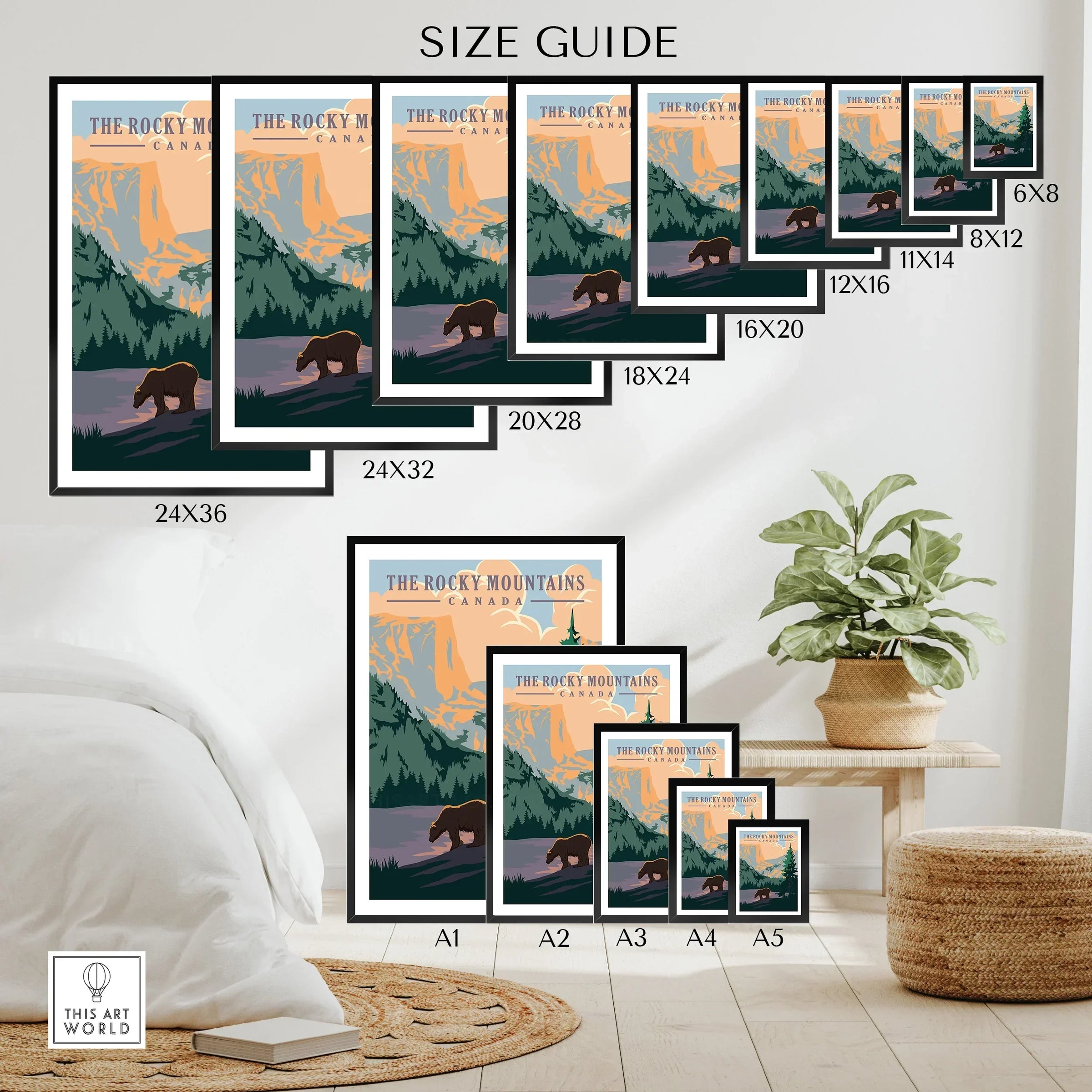 Rocky Mountains Canada travel poster wall art size guide with bear and mountain design