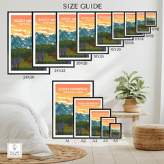 Rocky Mountain National Park poster wall art size guide with sunset mountains and elk illustration.