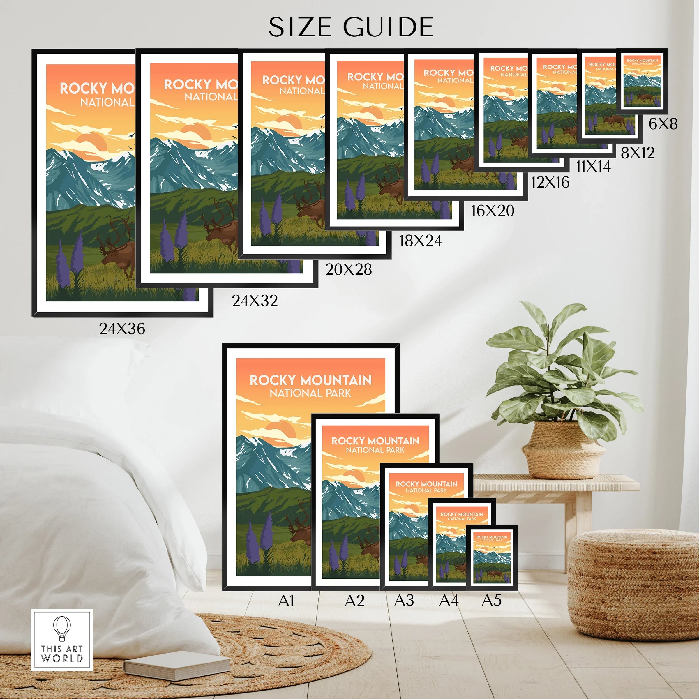 Rocky Mountain National Park poster wall art size guide with sunset mountains and elk illustration.