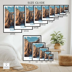 Ronda Spain Poster | Dramatic Andalusian Mountain Bridge Canvas Print size guide showcasing frame options.