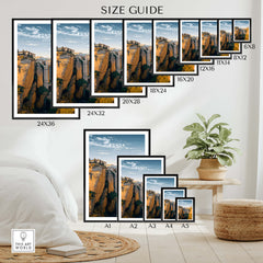 Size guide for Ronda Spain Wall Art Print | Historic White Village Cliffside Travel Poster in various dimensions.