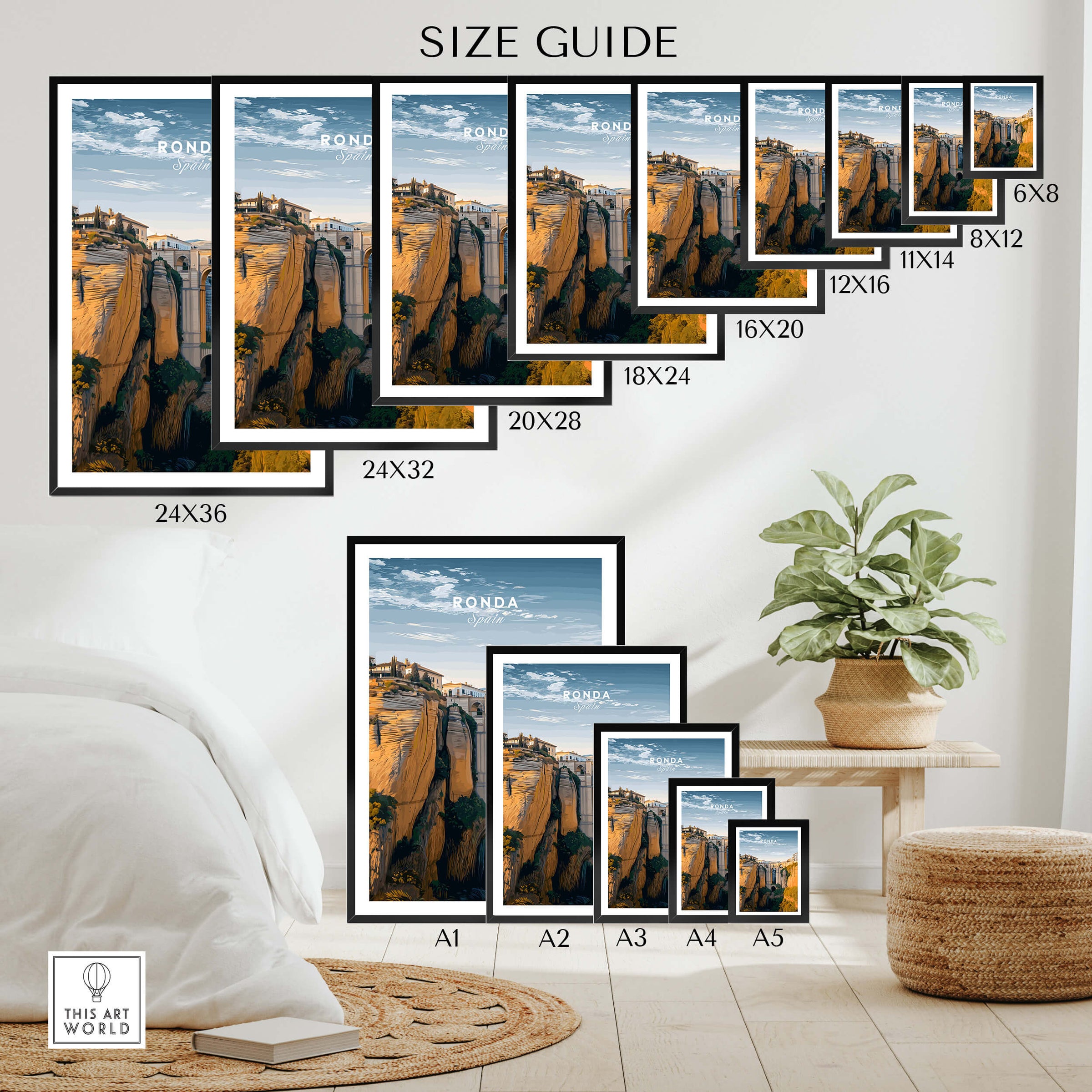 Size guide for Ronda Spain Wall Art Print | Historic White Village Cliffside Travel Poster in various dimensions.