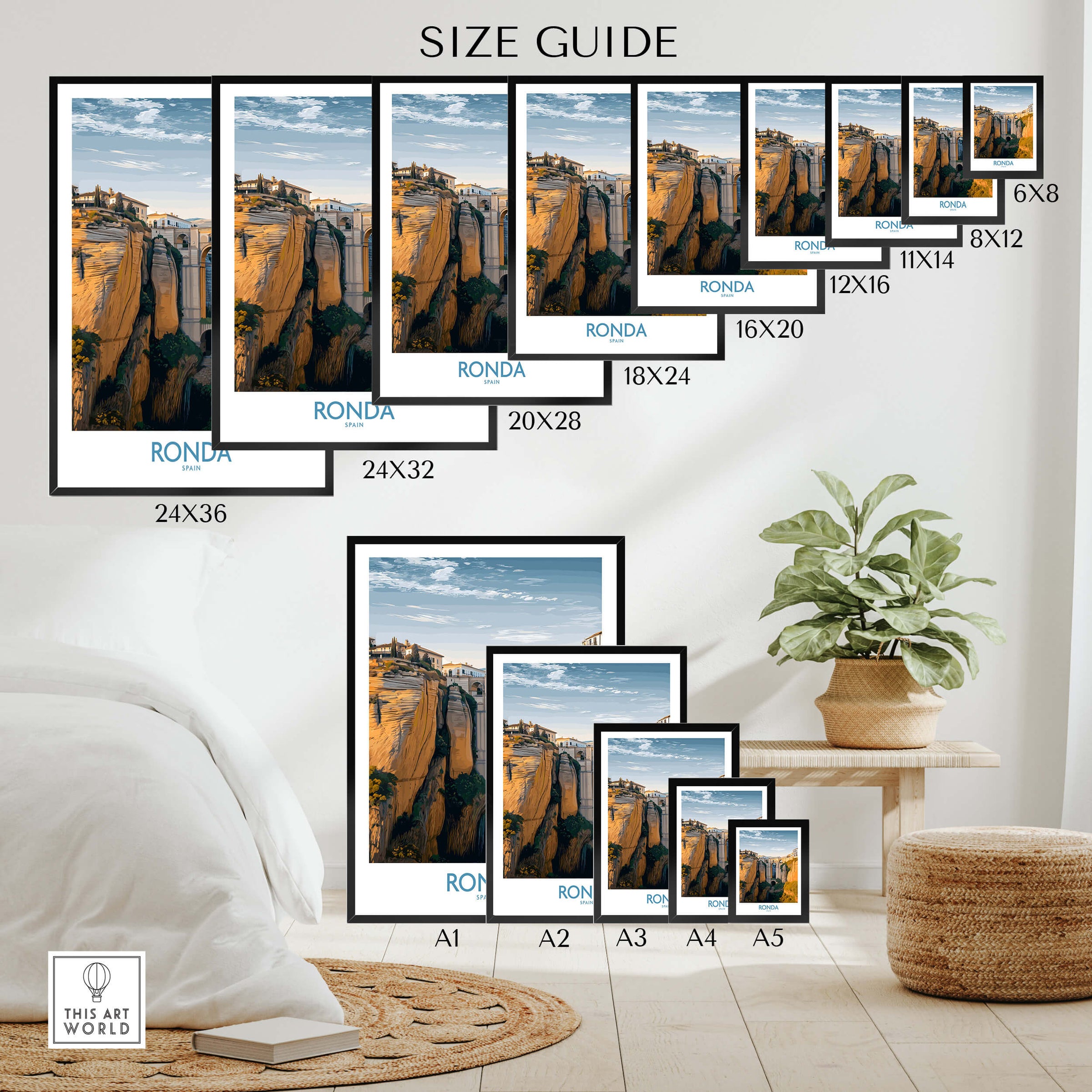 Ronda Spain Poster | Iconic Stone Bridge & Valley View Canvas Print size guide showing various dimensions.