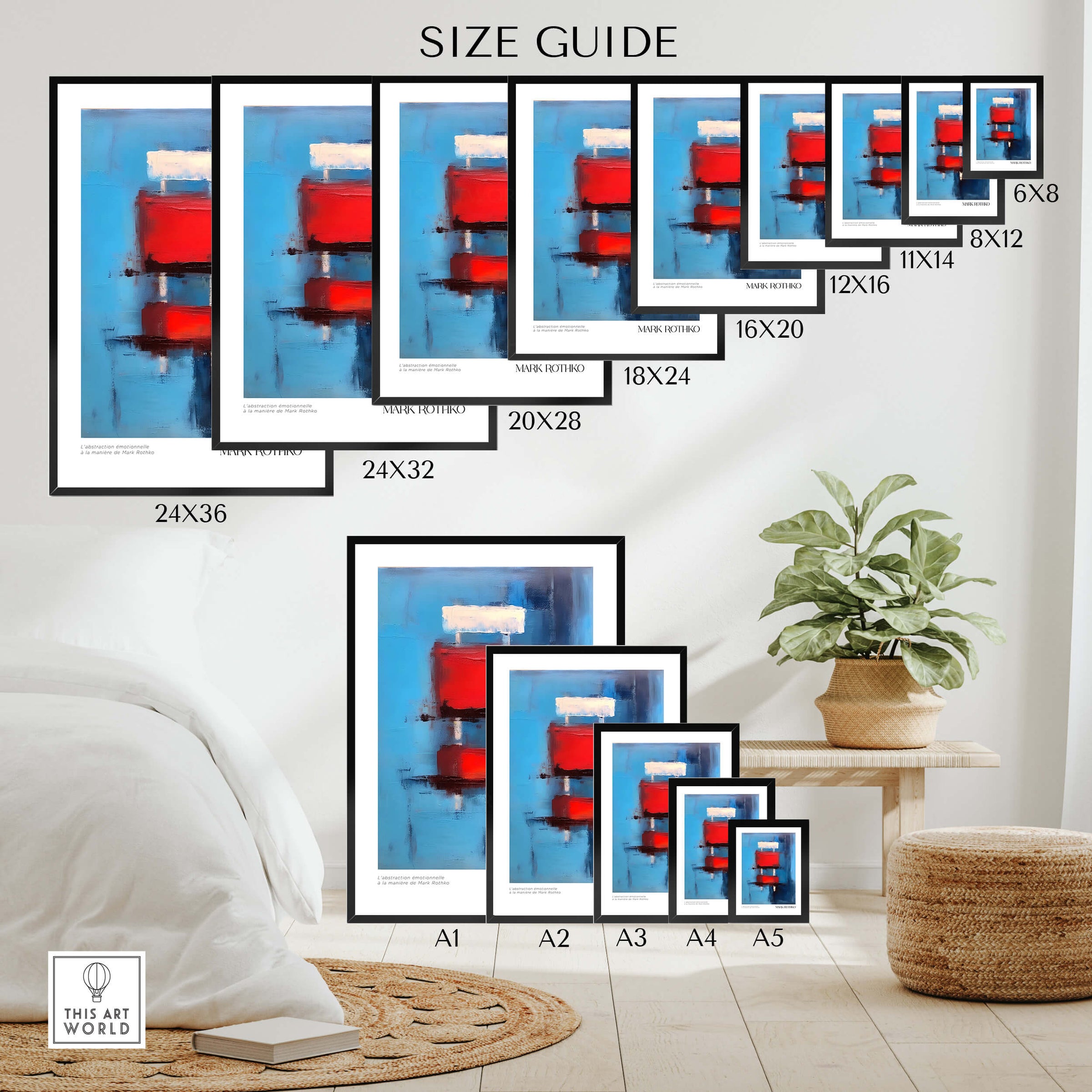 Rothko Inspired Abstract Red Blocks Art Print | Blue Background Wall Decor size guide with various frame sizes.