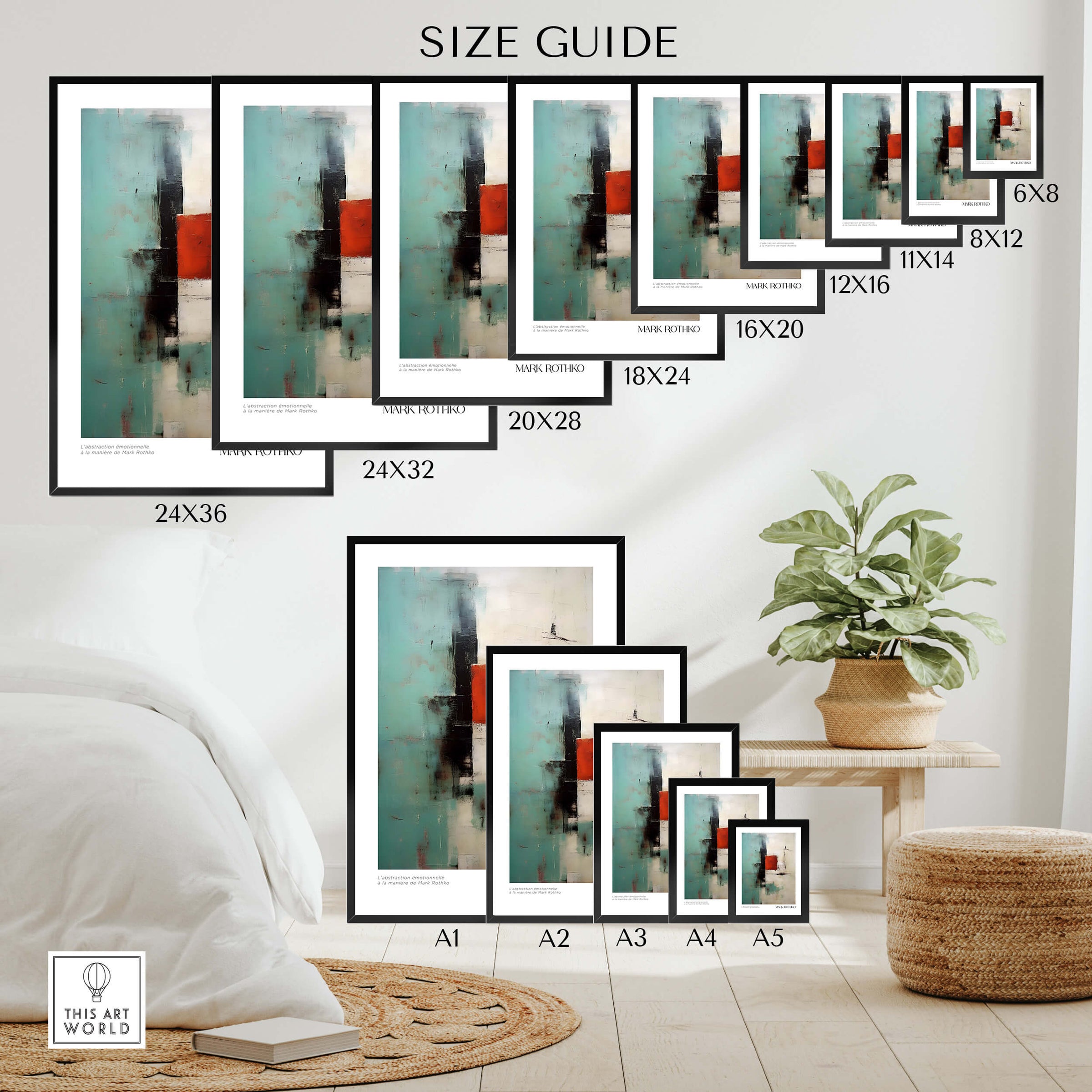 Rothko Inspired Abstract Red and Mint Art Print | Mid-Century Modern Wall Decor size guide featuring various frame sizes.
