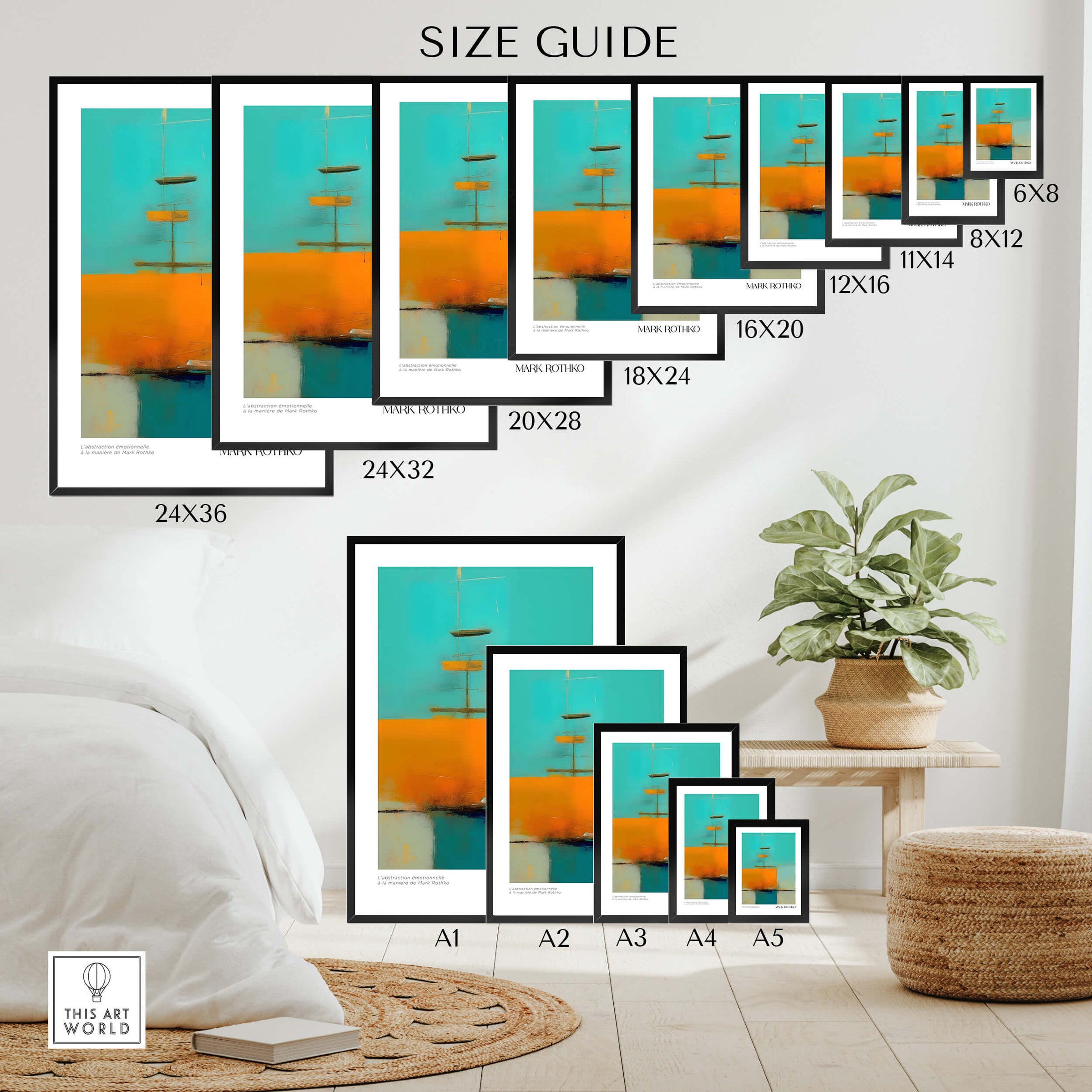 Rothko Inspired Abstract Turquoise Orange Art Print | Minimalist Wall Decor size guide with various frame dimensions