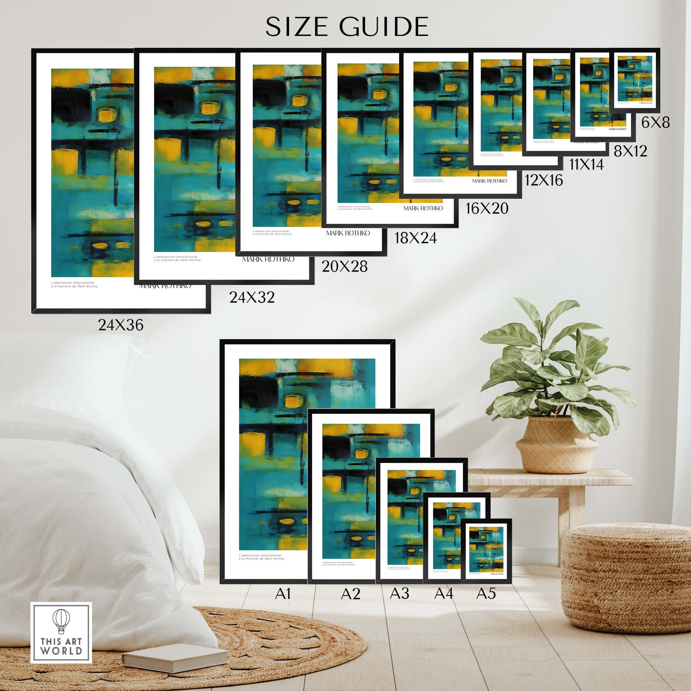 Size guide for Rothko Inspired Abstract Yellow and Teal Art Print | Modern Poster in various dimensions.