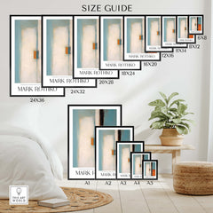 Size guide for Rothko Inspired Abstract Teal and Orange Art Print | Minimalist Canvas Poster showcasing various dimensions.