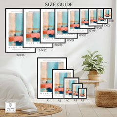 Rothko Inspired Abstract Pastel Color Art Print | Minimalist Vertical Blocks Poster size guide with various dimensions.