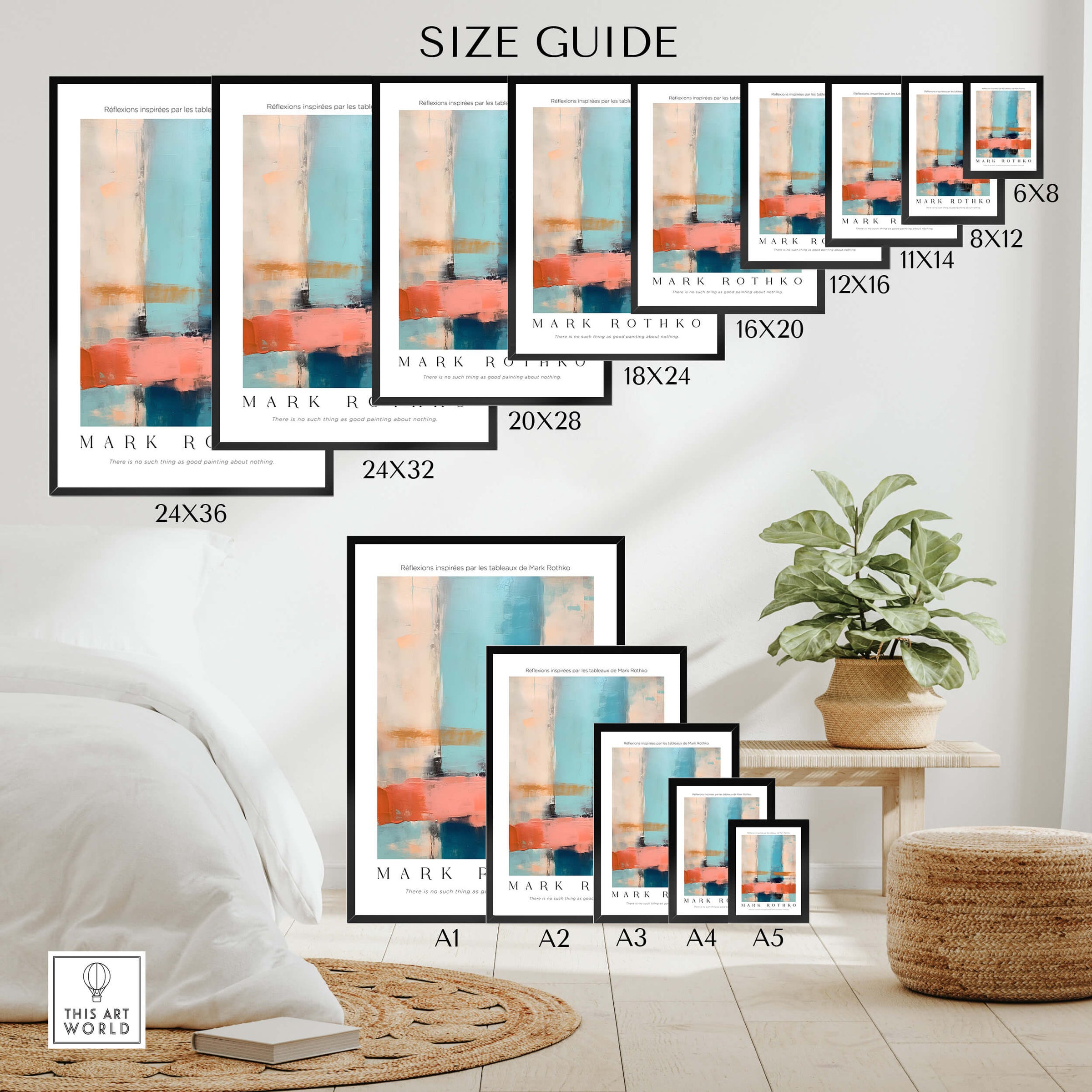 Rothko Inspired Abstract Pastel Color Art Print | Minimalist Vertical Blocks Poster size guide with various dimensions.