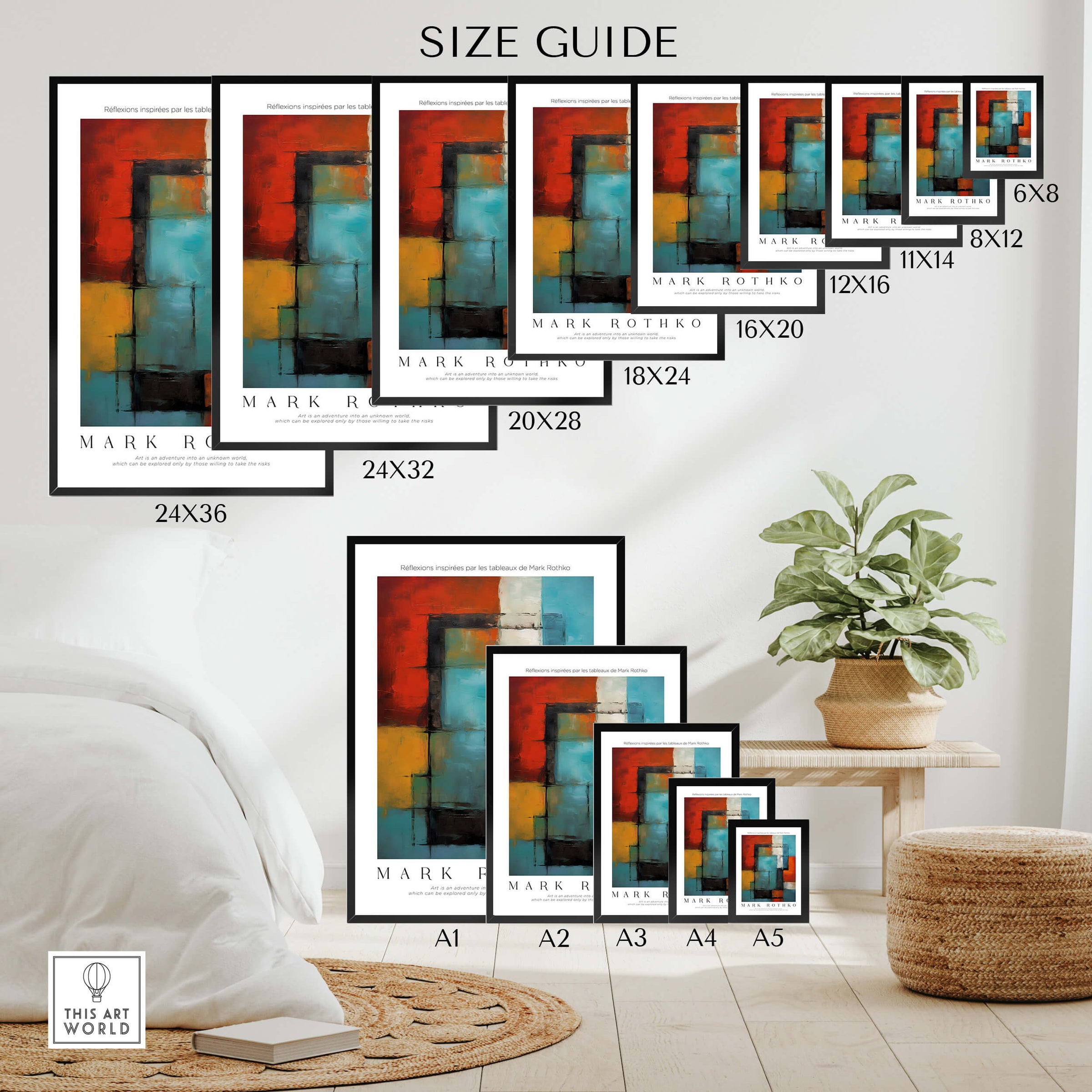 Rothko Style Modern Expressionist Painting Poster | Contemporary Wall Art size guide with various frame dimensions displayed.