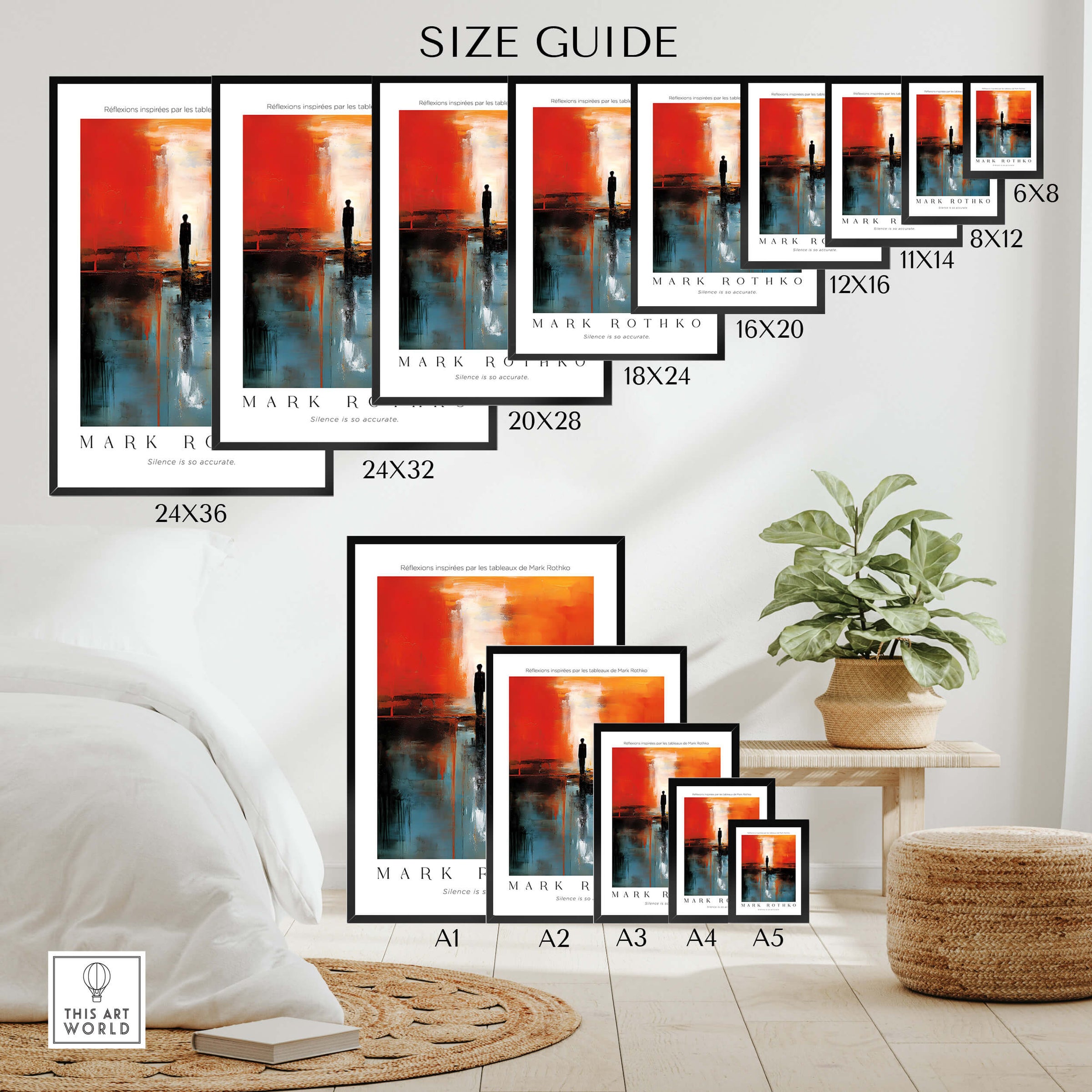 Rothko Style Minimalist Landscape Abstraction Print | Modern Wall Decor size guide showcasing various dimensions.