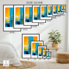 Rothko Style Color Block Abstraction Print | Modern Geometric Wall Art size guide featuring framed prints in various dimensions.