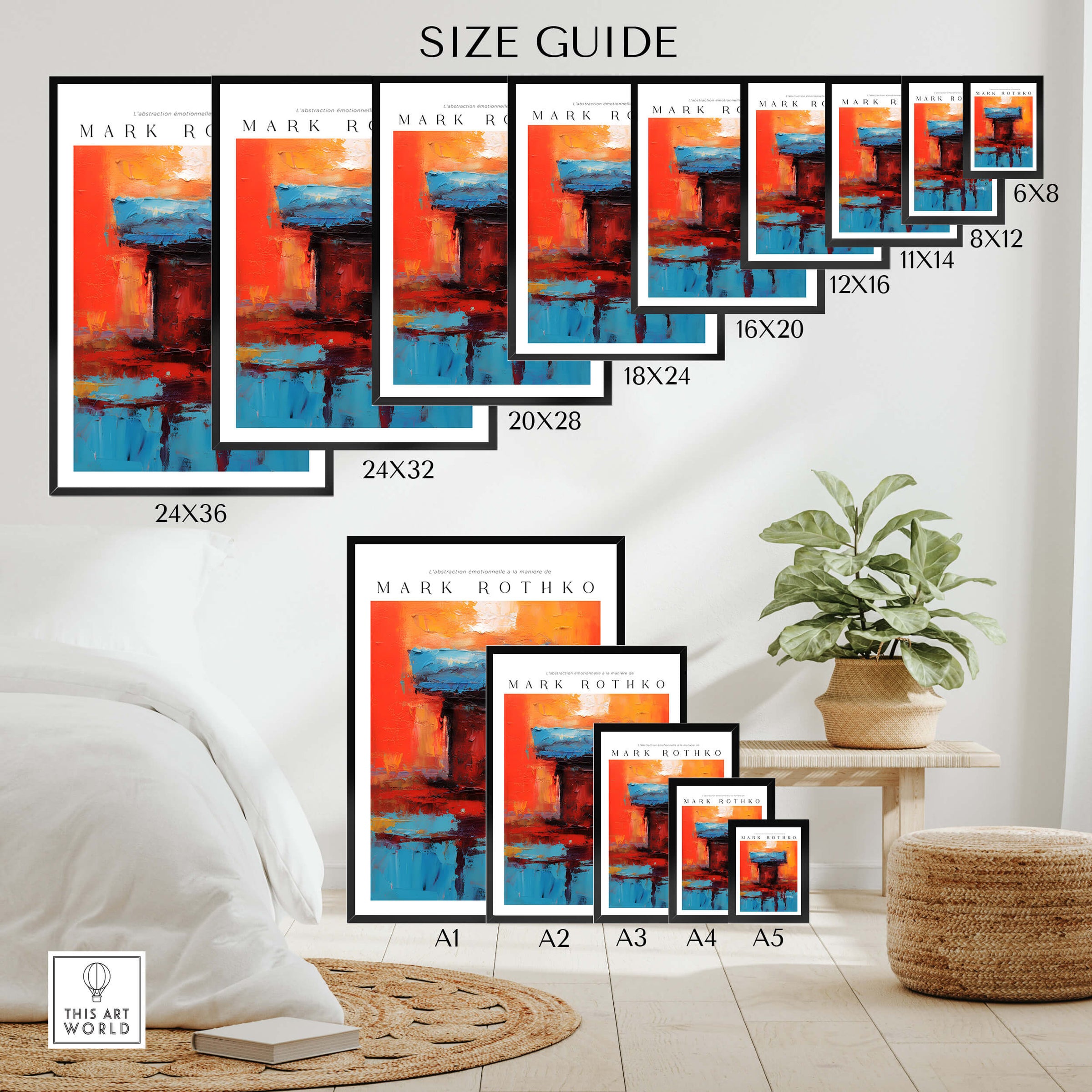 Rothko Style Bold Color Contrast Painting Print | Modern Wall Decor size guide showing different frame sizes