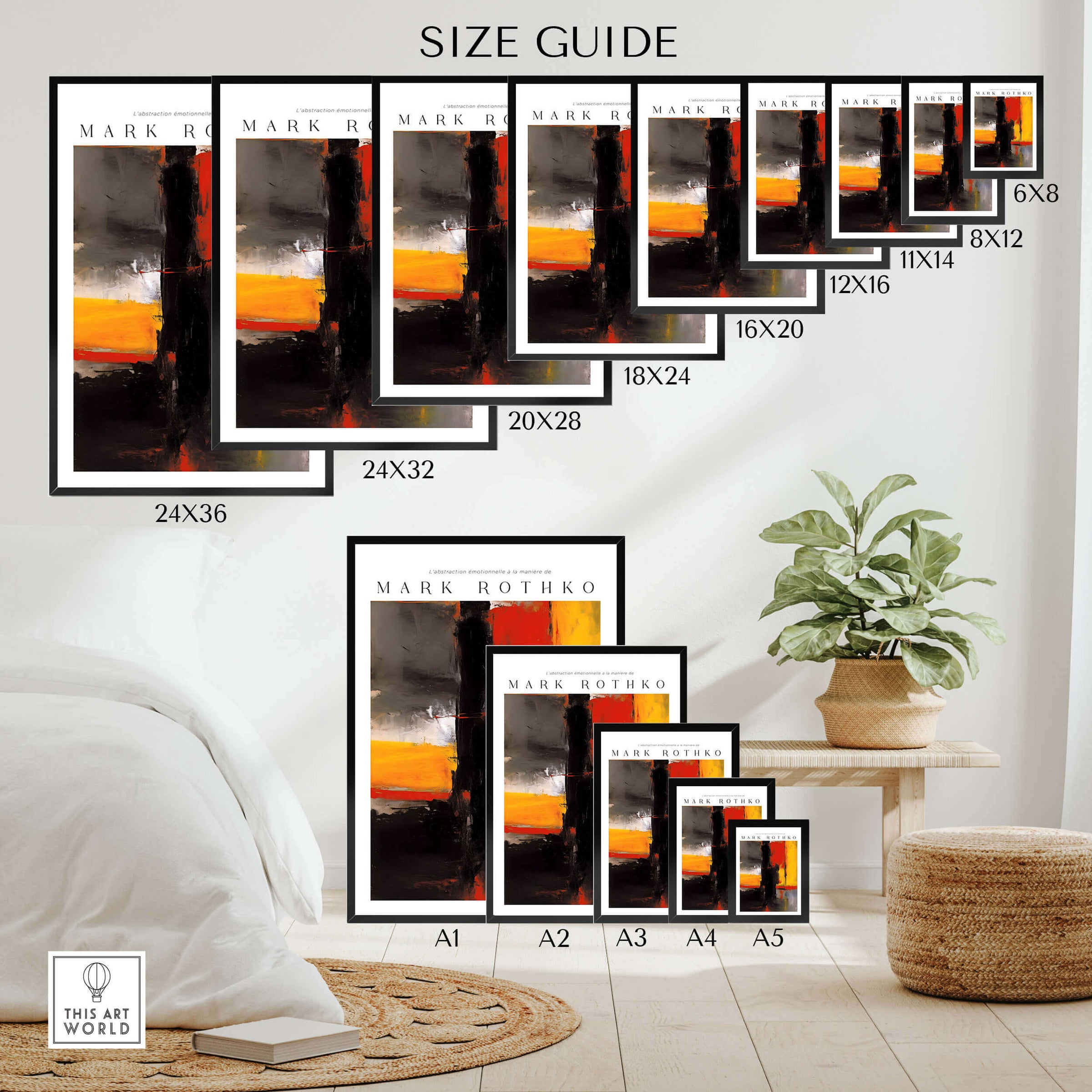 Size guide for Mark Rothko Style Bold Black and Yellow Abstract Canvas Art Print displaying various frame sizes.