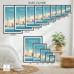 Rotterdam cityscape wall art poster size guide with framed prints in a modern room