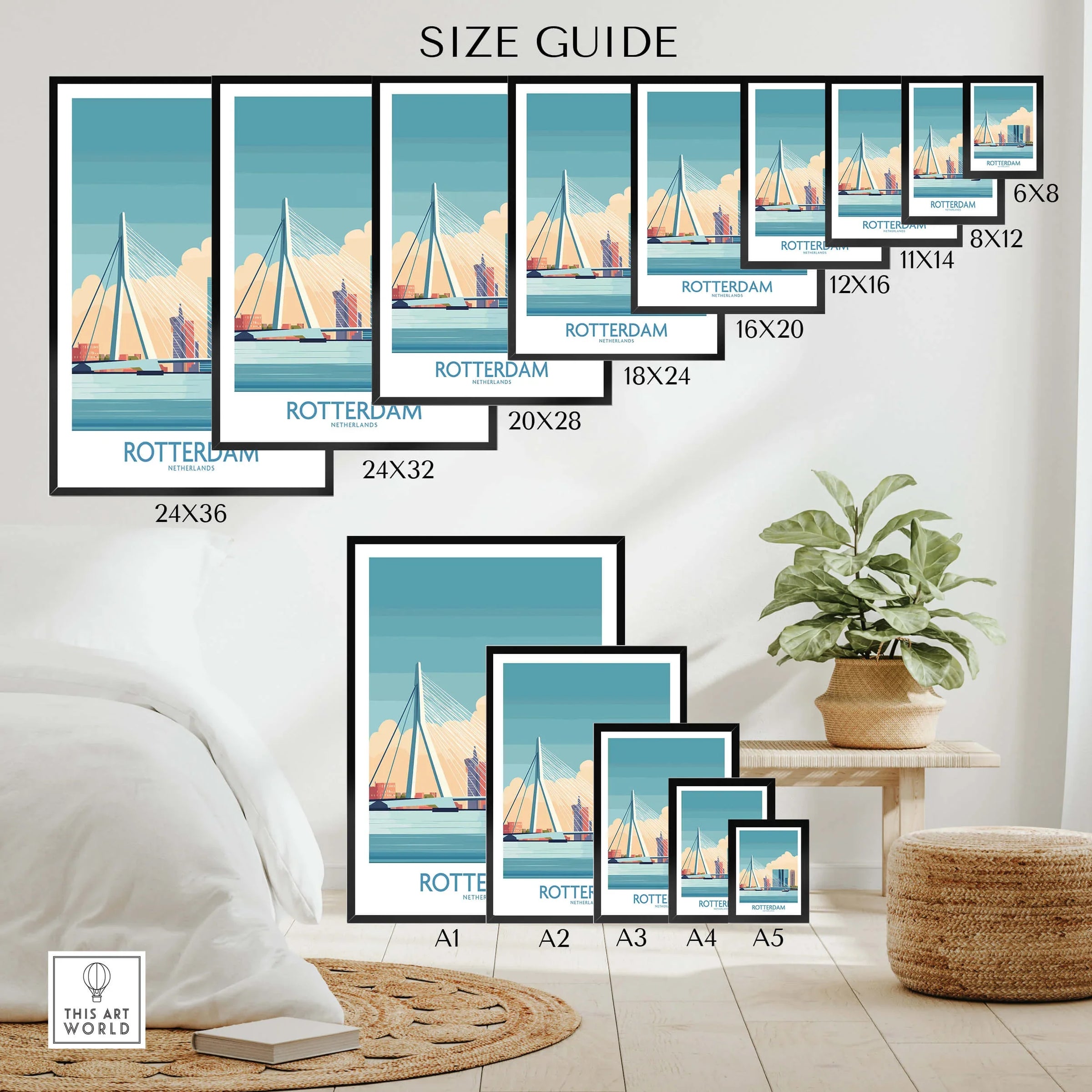 Rotterdam travel poster wall art size guide with various print sizes displayed in a modern room.