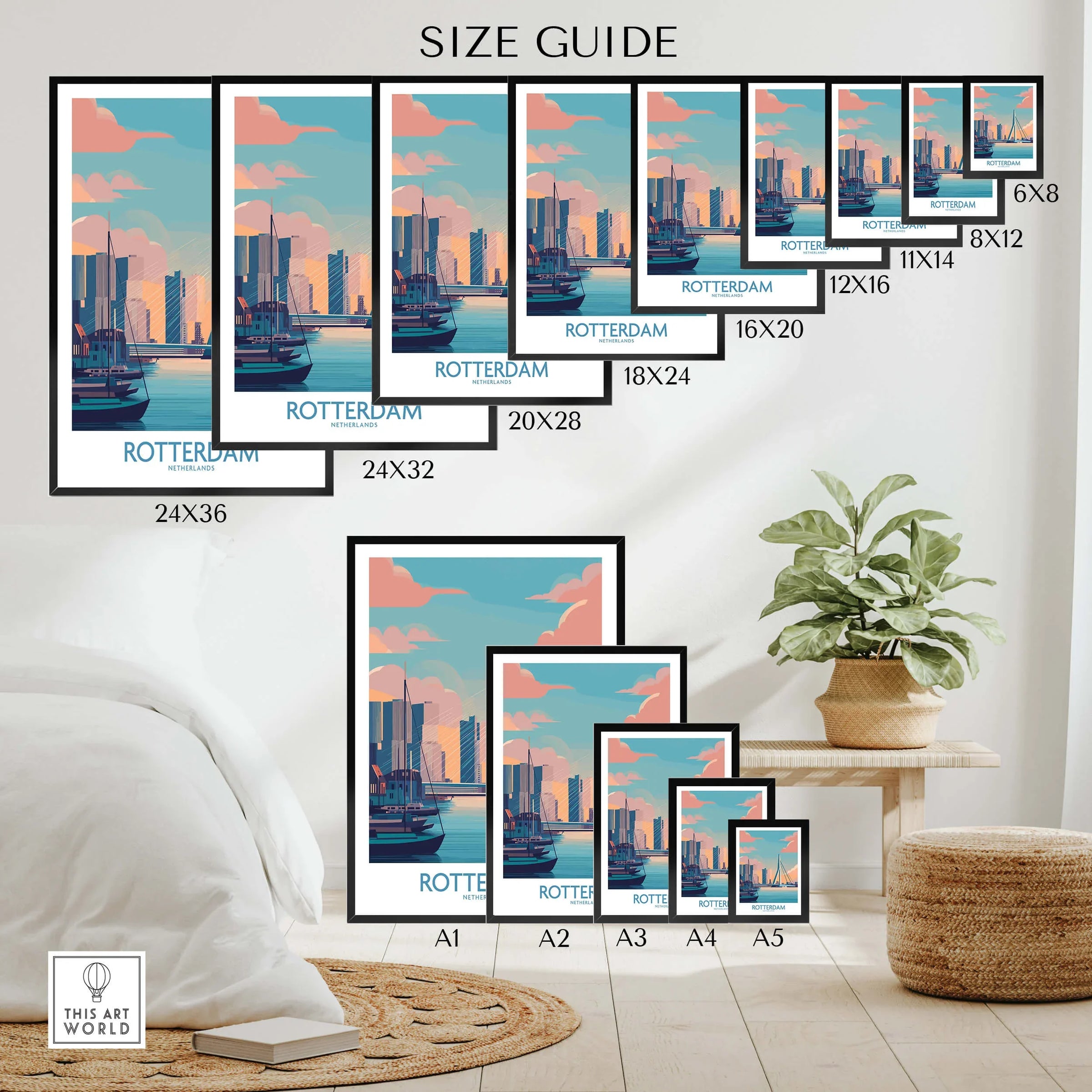 Rotterdam city skyline travel poster size guide displayed in a modern home decor setting.