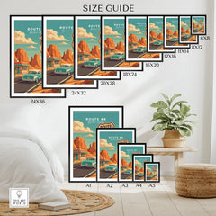 Route 66 travel poster wall art size guide with retro car, desert rocks, and vintage motel.