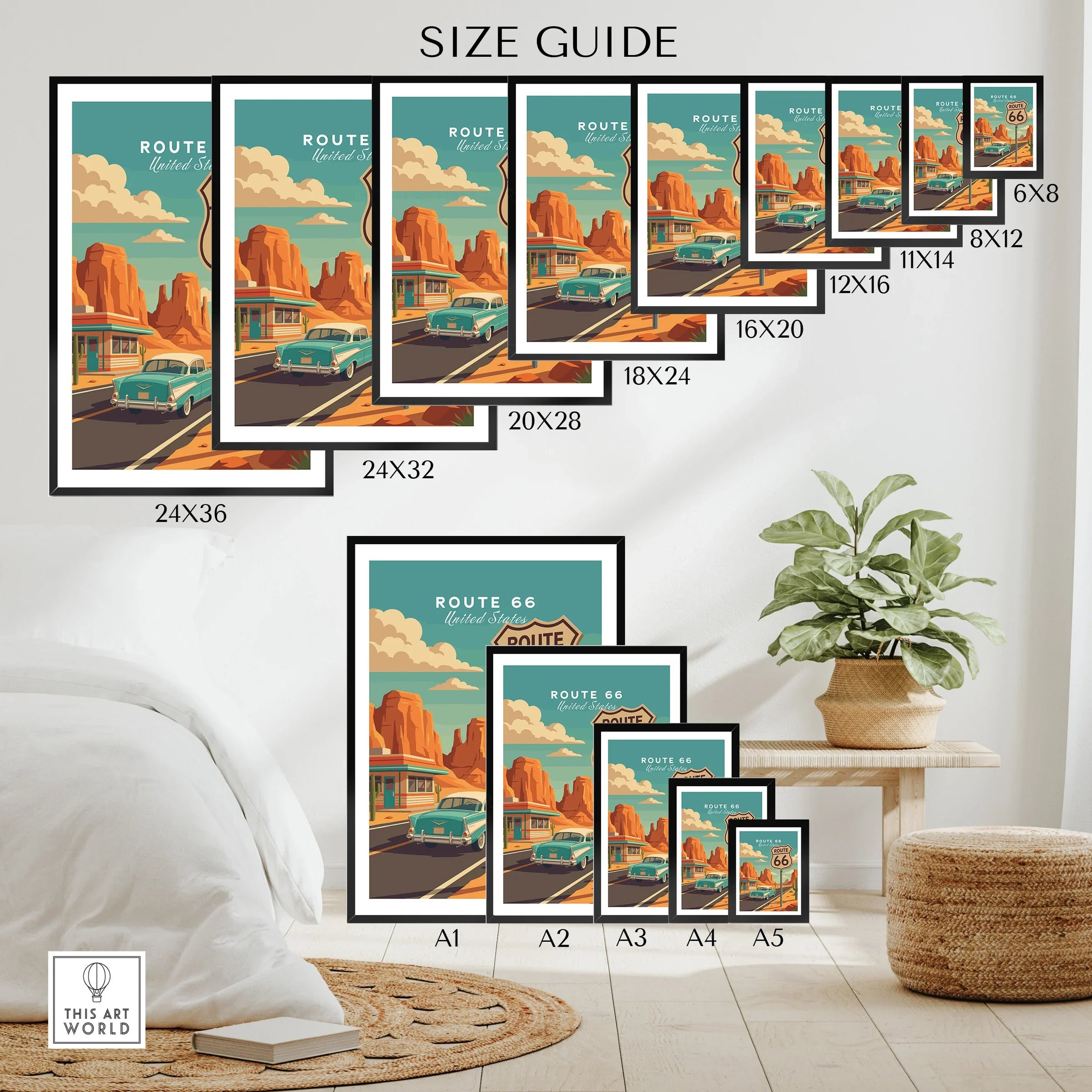 Route 66 travel poster wall art size guide with retro car, desert rocks, and vintage motel.
